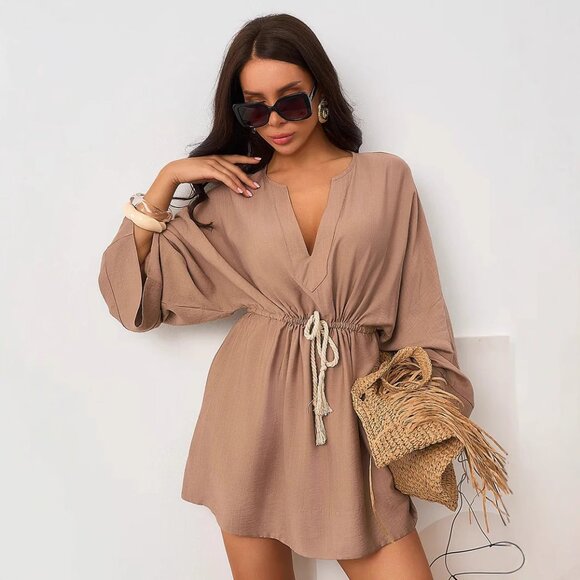 Solid Color Loose V-neck Long-sleeved Shirt Dress - Picture 1 of 4